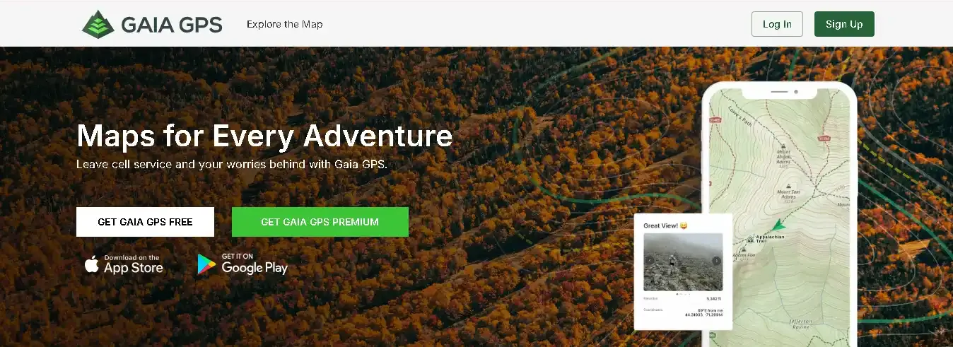 Gaia GPS website hero section showing offline backcountry maps for adventurers